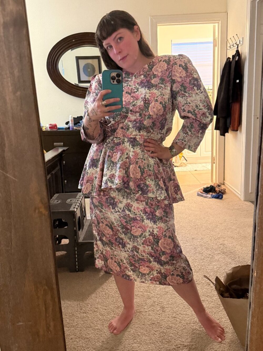 PRICE FIRM Vintage Floral Dress 80s Pellini Pastel Elastic Peplum Dress M/L - Picture 11 of 11